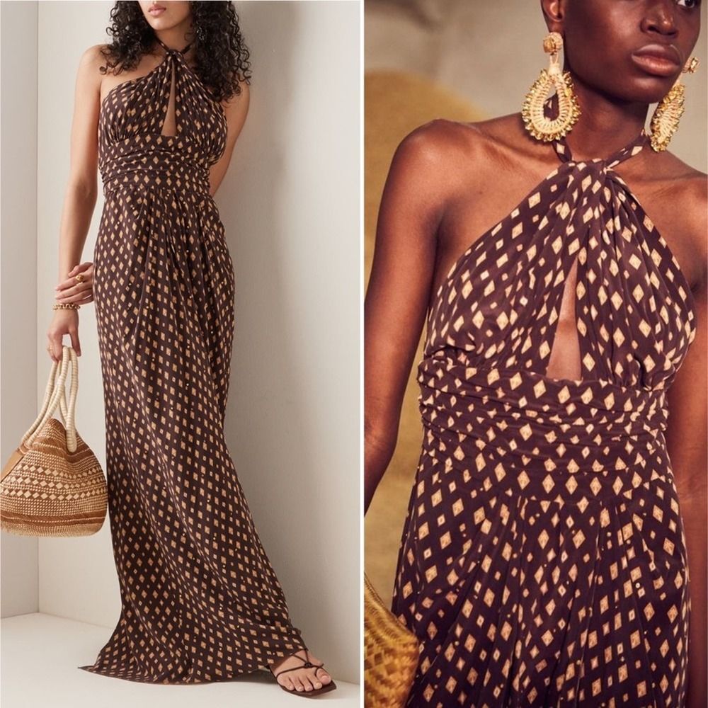NWT Johanna Ortiz Palm Tree Collector Sequin Maxi Halter Dress Silk Brown Sz 12